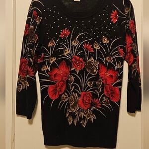 Vintage C.D. Petites Black And Red Floral Top
